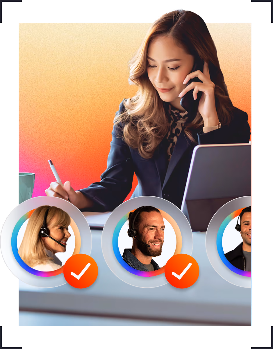 Woman on phone writing notes at desk with a laptop and two headset-wearing faces with check marks below.