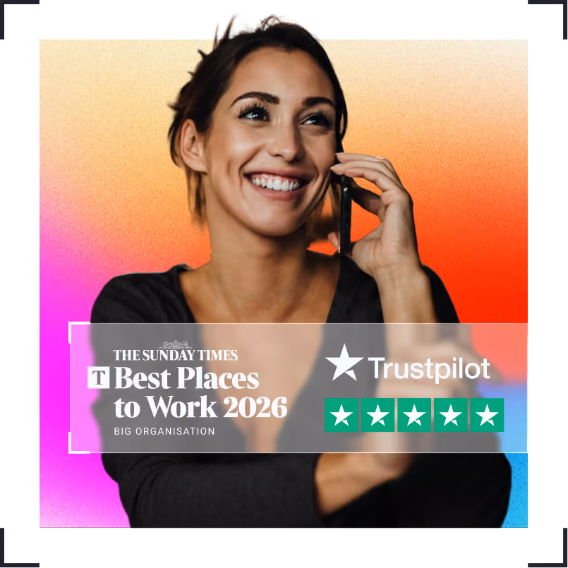 Smiling woman holding phone with a colourful gradient background and Trustpilot Best Places to Work 2026 badge.