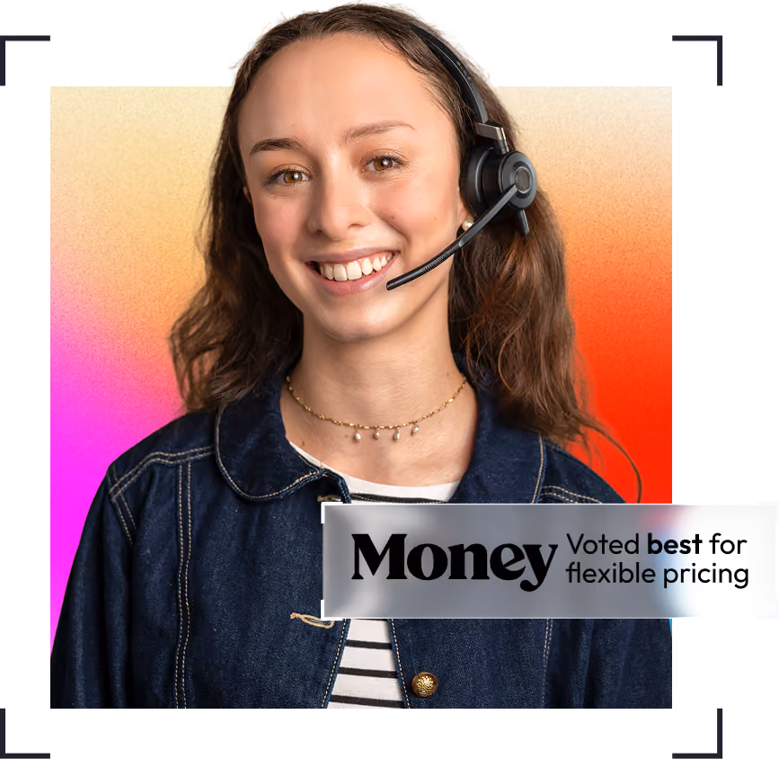 Smiling woman with headset on colorful gradient background, text: Money voted best for flexible pricing.