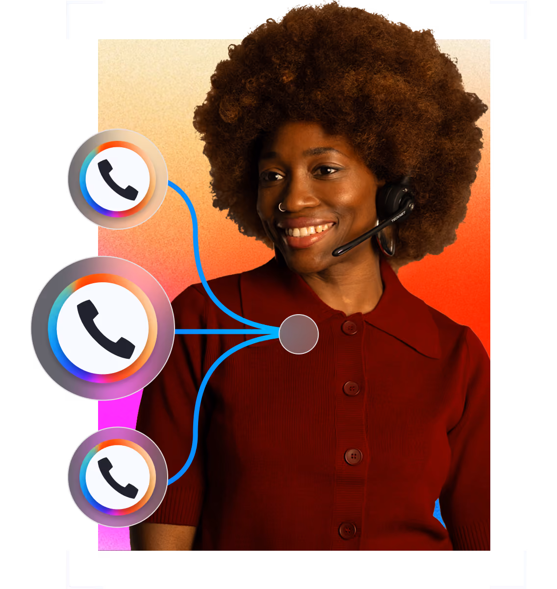 Smiling woman with a headset in a red top with phone call icons connected by blue lines around her.