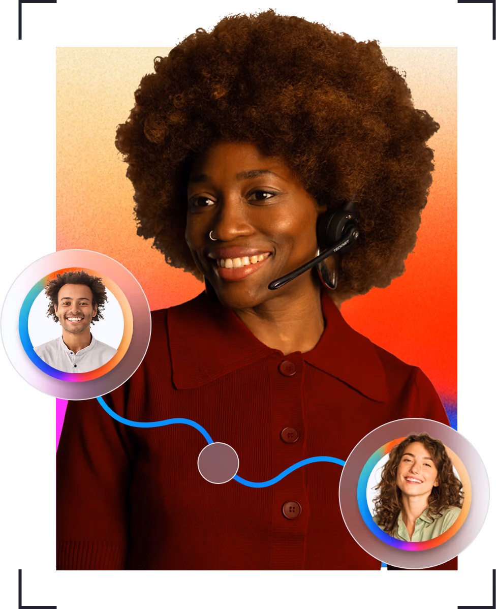 Smiling woman with afro and headset in red sweater connecting two smaller circular photos of people.