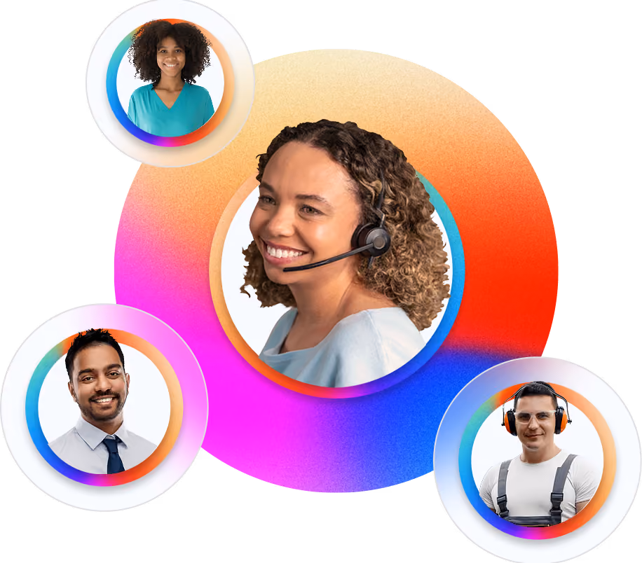 Smiling woman with headset surrounded by diverse professionals against a colorful circular gradient.