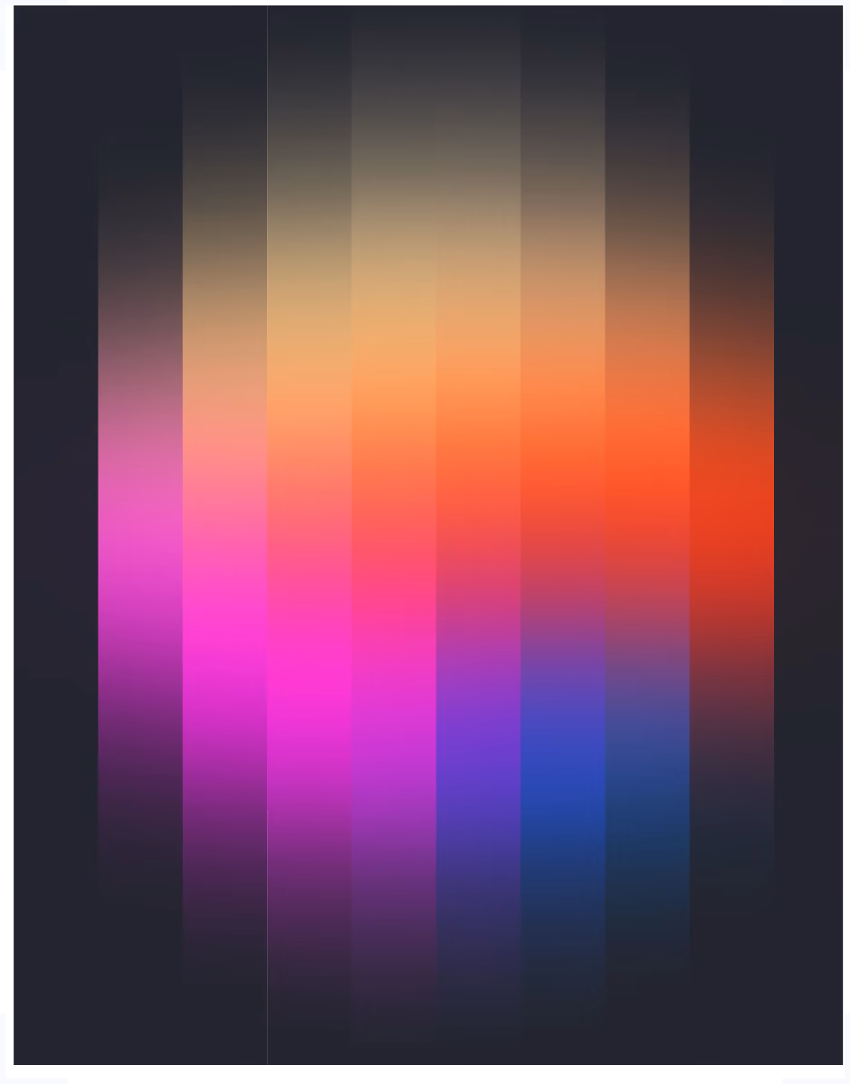 Vertical bars with gradient colors from pink to blue to orange on a dark background.