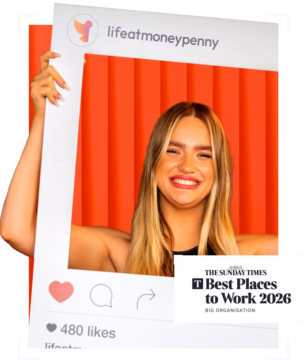 Smiling woman holding social media frame with lifeatmoneypenny and Sunday Times Best Places to Work 2026 badge.