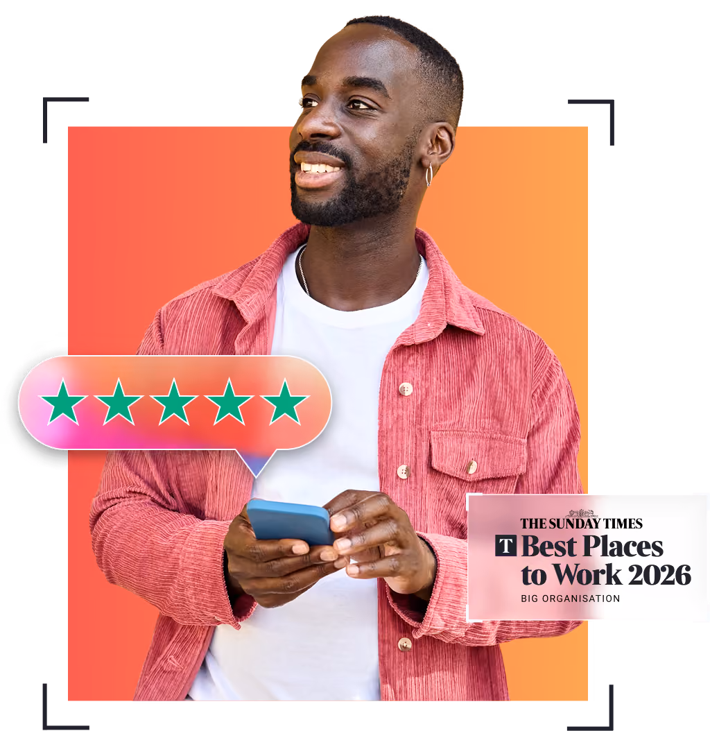 Smiling man holding phone with graphic showing five-star rating and Best Places to Work 2026 badge.