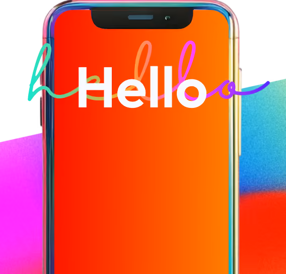 Smartphone with a red-orange gradient screen displaying the word 'Hello' in white and colorful script.