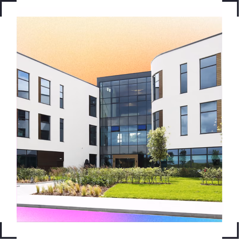 Large colourful bee hovering over a modern office complex with green landscaping.