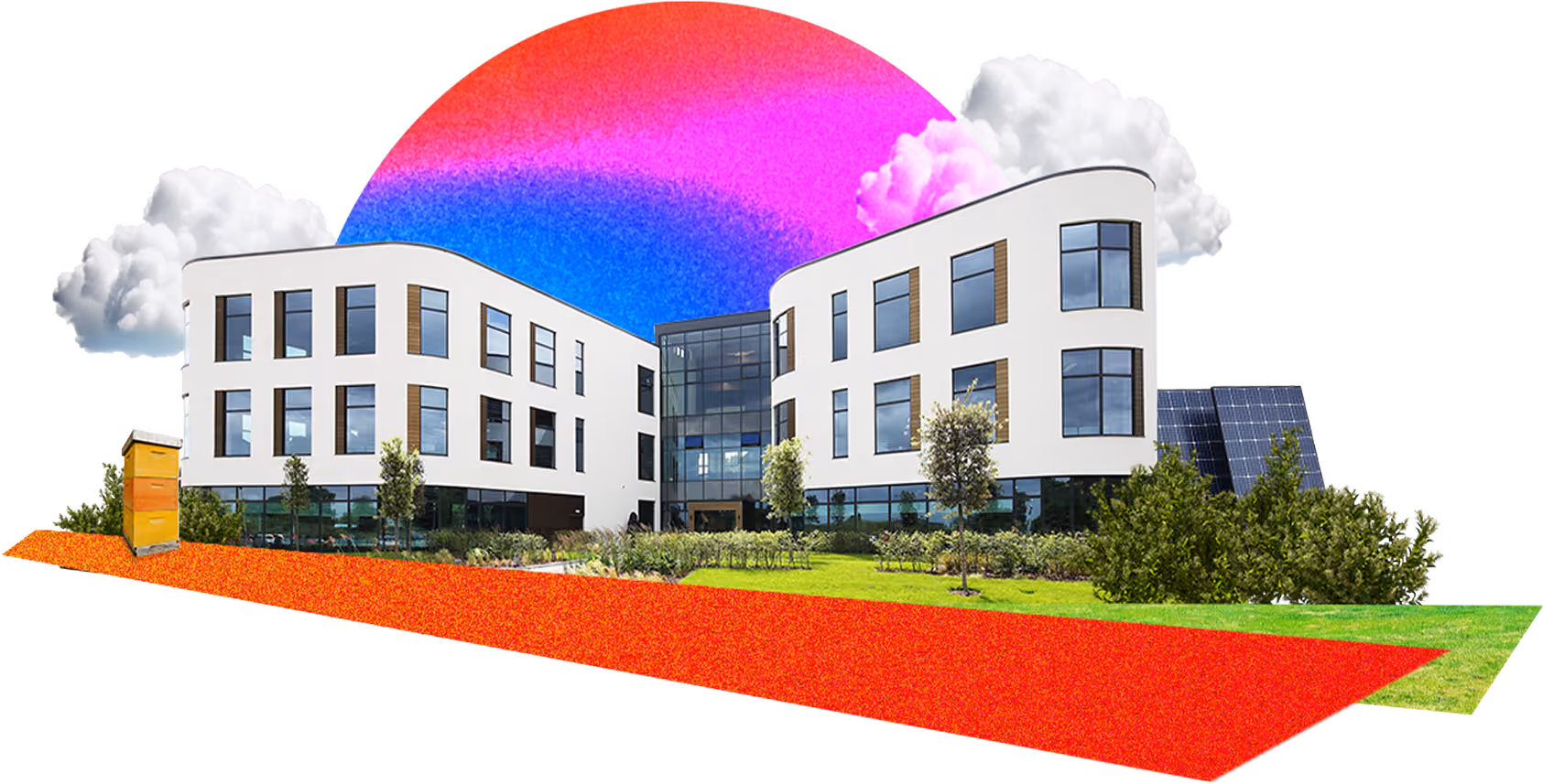 Moneypenny building with glass windows, solar panels, trees, and a bright red pathway.
