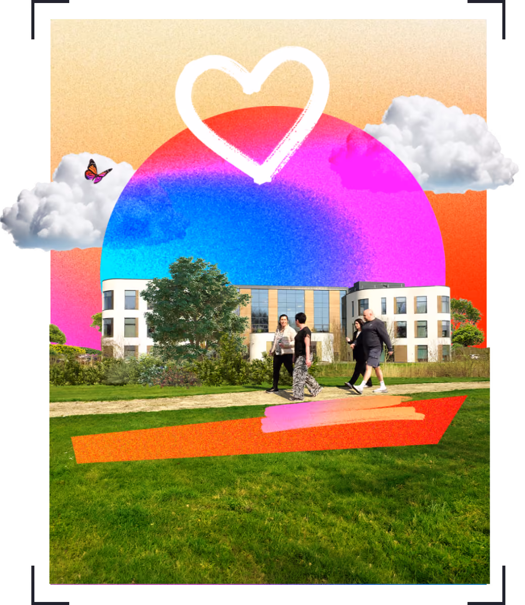 Four people walking on a path in green space with Moneypenny building, colorful sky, clouds, butterfly, and heart.