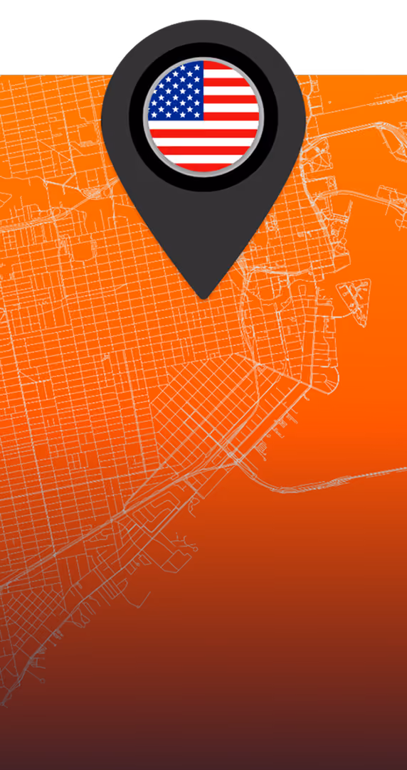 Map pin with the U.S. flag on an orange street map background of Florida.