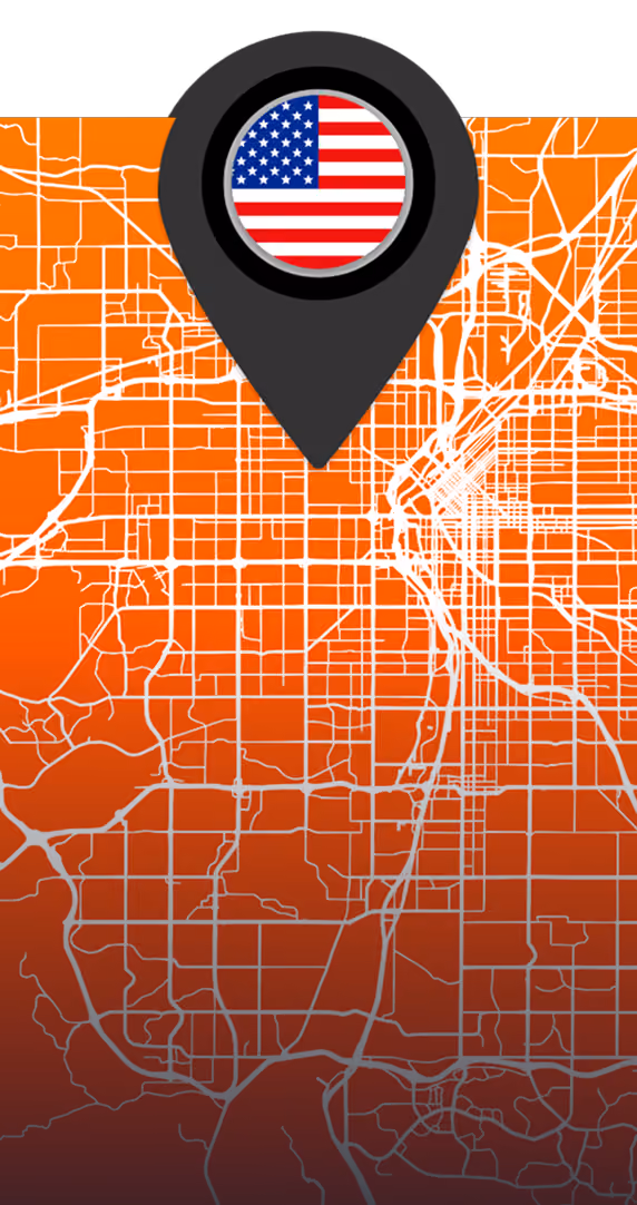 Map pin with the U.S. flag on an orange street map background of Denver, Colorado.
