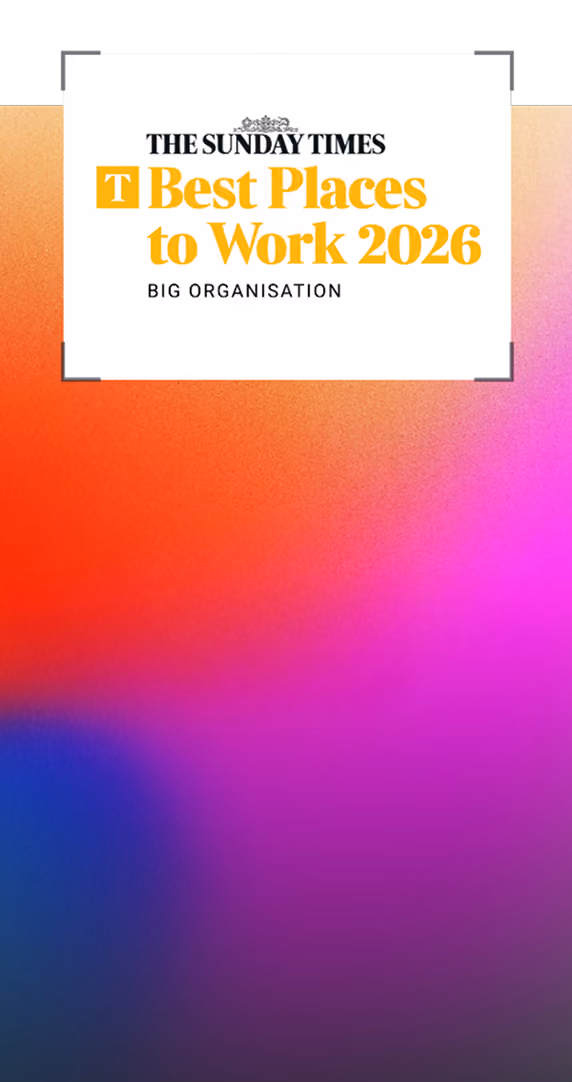 The Sunday Times Best Places to Work 2026 award for big organisations text on gradient background.