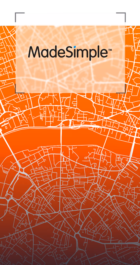 Logo reading 'MadeSimple' over an orange London map background with white street lines.