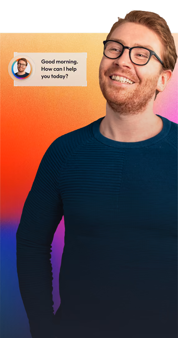 Smiling, male Live Chat agent with glasses standing by a chat message that says, 'Good morning. How can I help you today?'