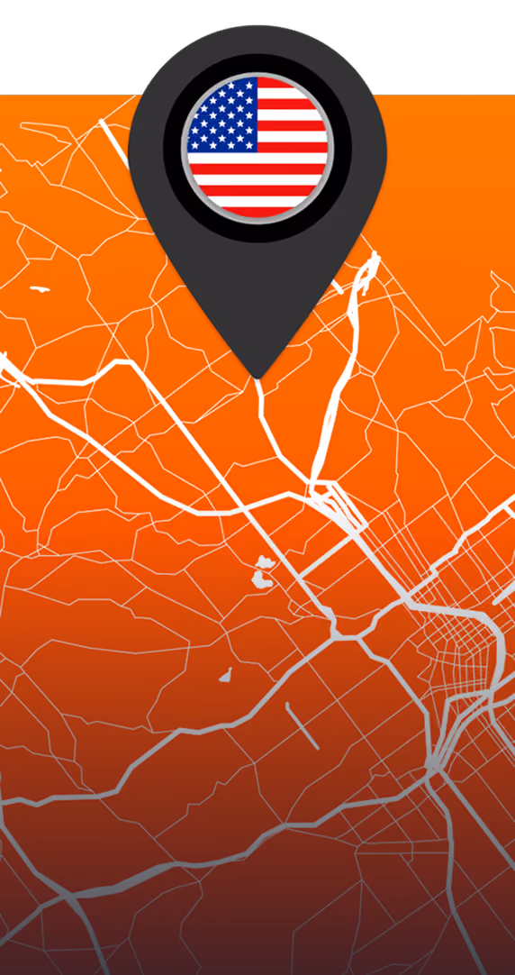 Map pin with the U.S. flag on an orange street map background of Atlanta, Georgia.