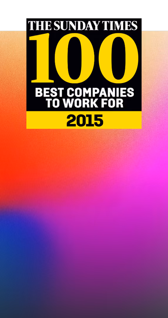 The Sunday Times 100 Best Companies to Work For 2015 logo on a gradient background.