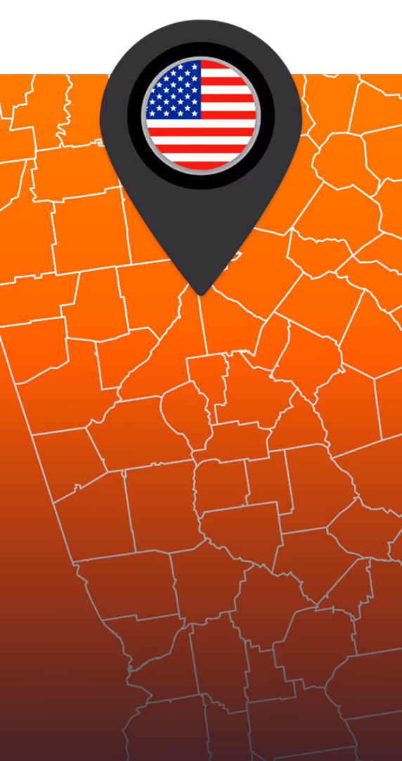 Map pin with the U.S. flag on an orange street map background of Duluth, Georgia.