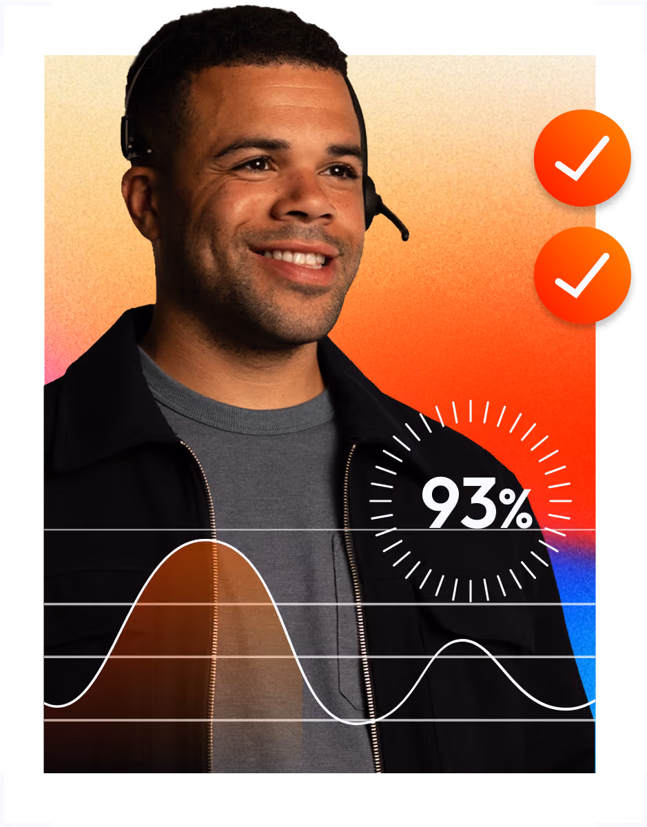 Smiling man wearing headset with a 93% graphic and two orange check marks on colorful background.