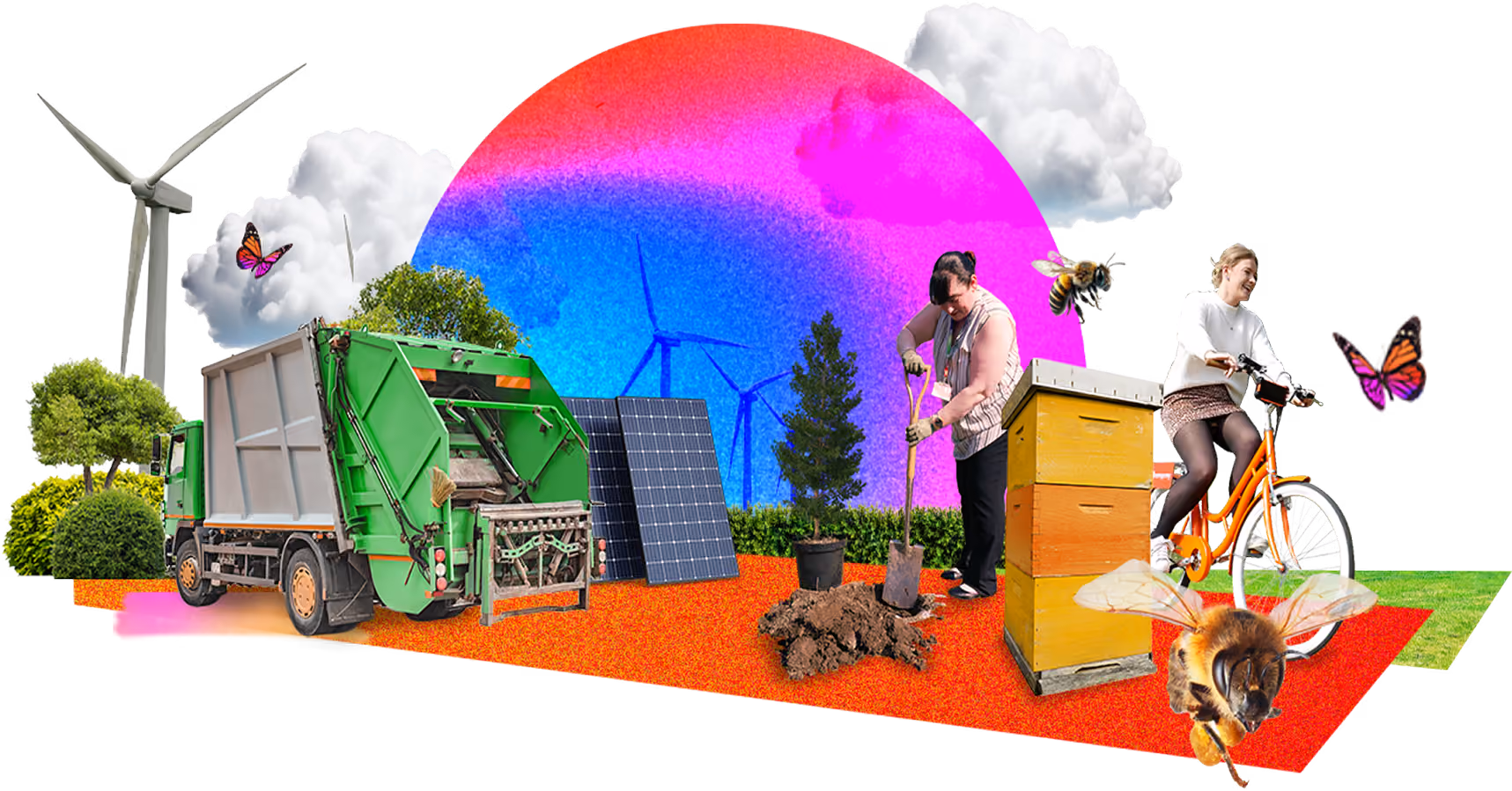 Green waste truck, solar panels, wind turbines, woman planting tree, cyclist, bee, and butterflies in nature scene.
