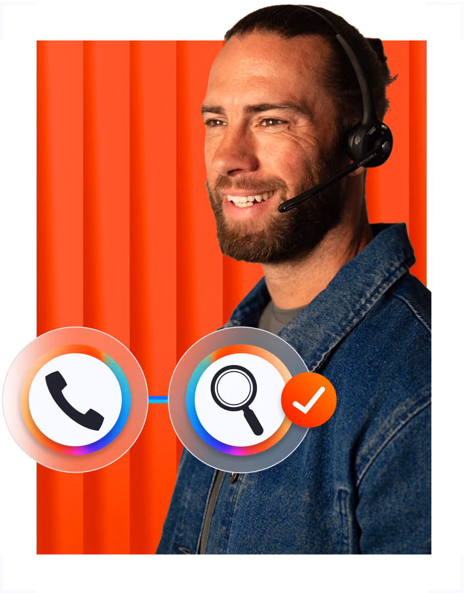 Smiling man wearing headset and denim jacket with phone and magnifying glass icons connected by a line