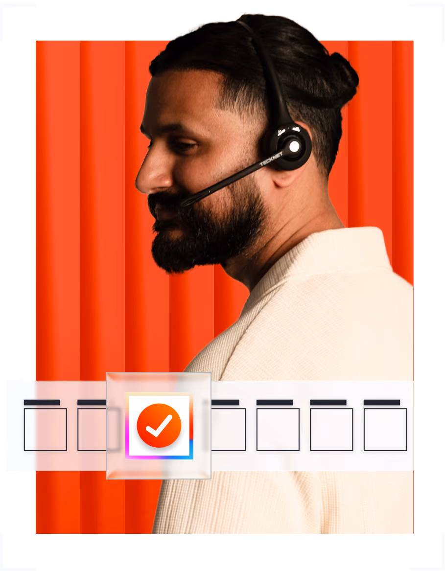 Man with headset against orange background, with a checkmark icon and empty boxes below.