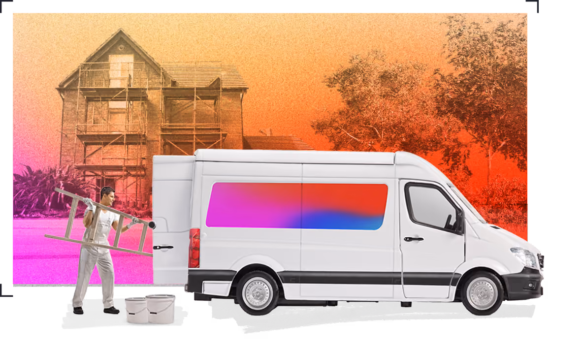 Painter and decorator with ladder next to a branded service van outside scaffolded house
