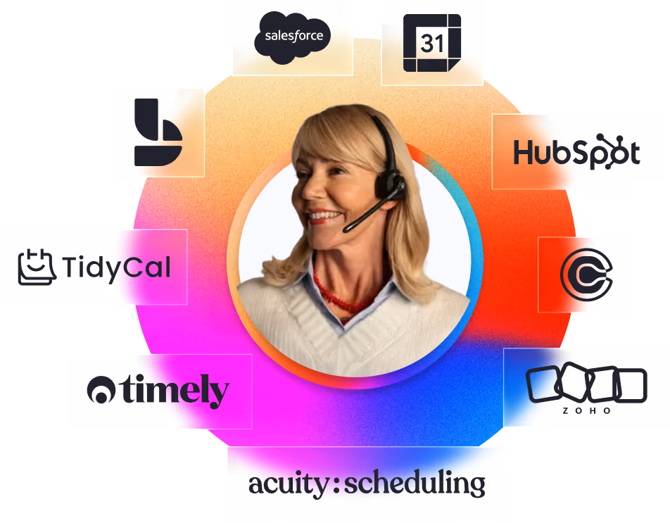 Smiling woman with headset surrounded by logos of scheduling and CRM software like HubSpot and Salesforce.