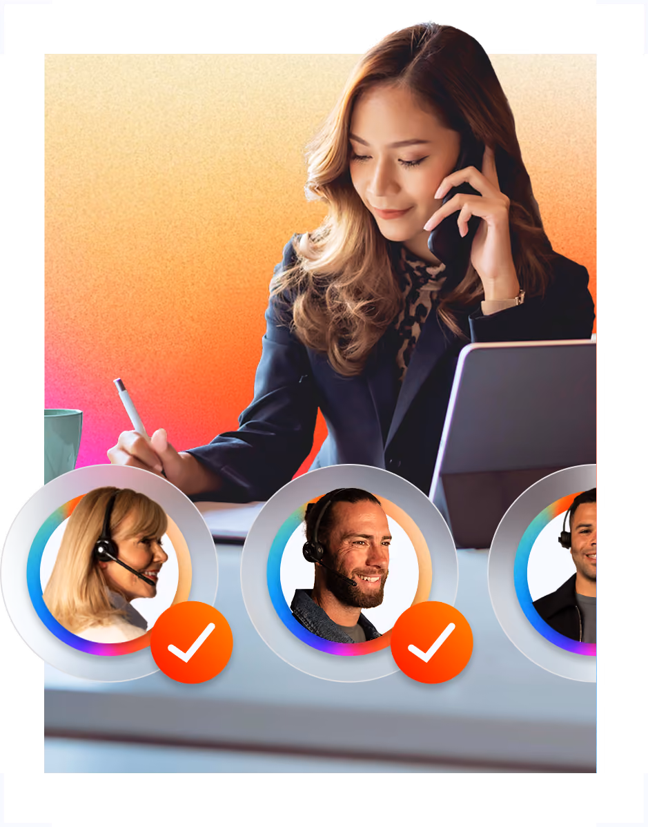 Woman on phone writing notes at desk with a laptop and two headset-wearing faces with check marks below.