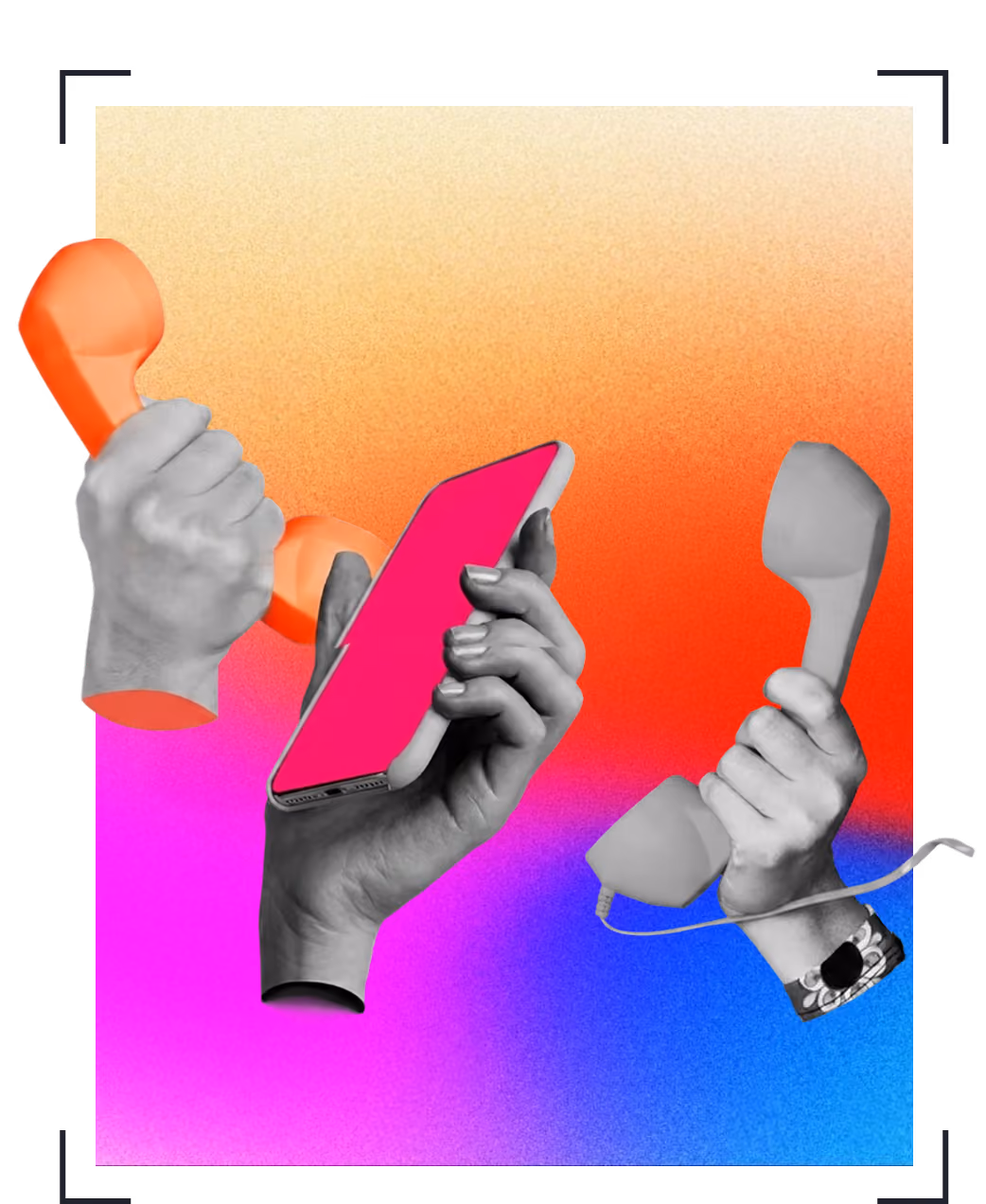 Three hands holding phone receivers and a smartphone against a vibrant gradient background.