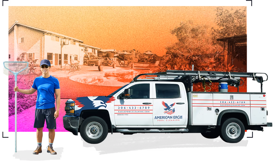 Pool-cleaning professional stands outside a home, behind him is his branded vehicle