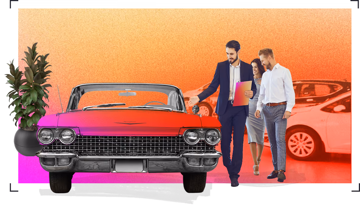 A Car salesperson shows a couple a new car. Set in a car showroom.