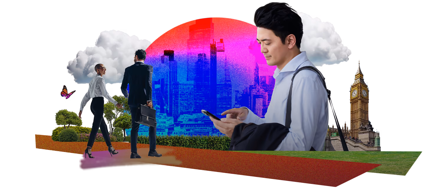 Businesspeople walking and man checking phone with London skyline and Big Ben in background.