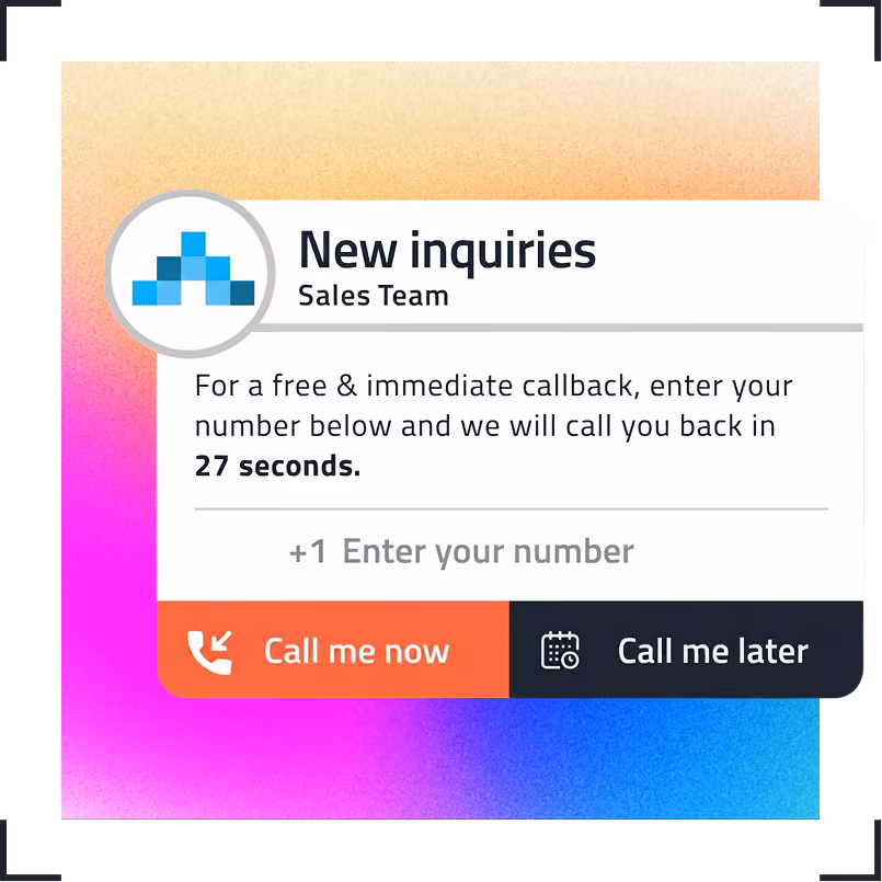 Popup offers free callback from Sales Team in 27 seconds with number entry and call now or later options.