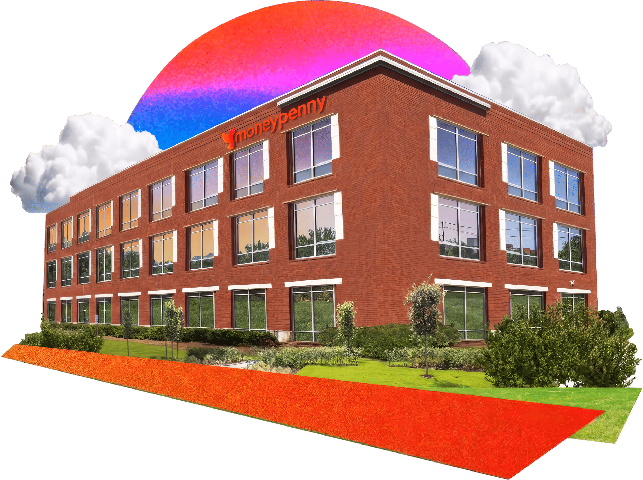 Three-story brick office building with money penny logo and digitally added colorful sky and clouds.