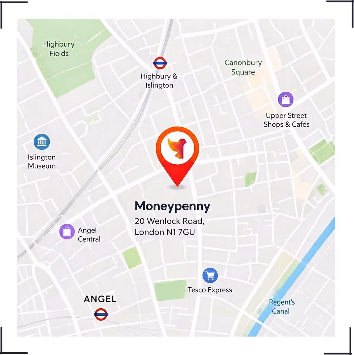 Map showing Moneypenny at 20 Wenlock Road, London N1 7GU near Angel and Islington stations.