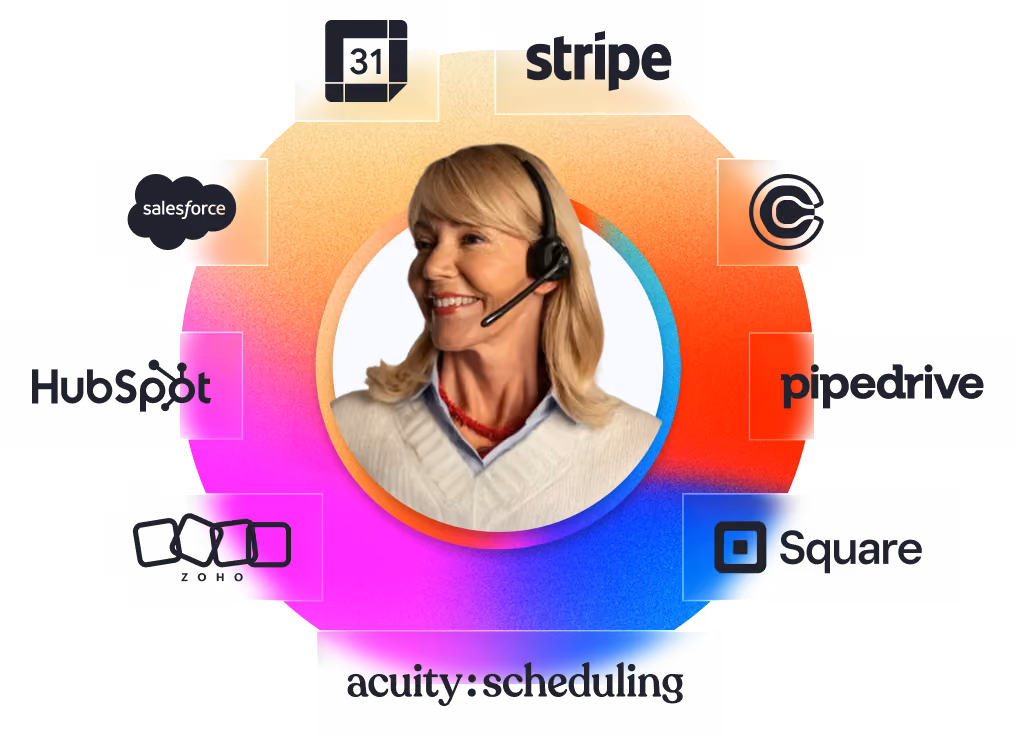 Portrait of a smiling blonde woman wearing a headset, surrounded by logos of business tools and services including Stripe, Salesforce, HubSpot, Zoho, Acuity Scheduling, Square, and Pipedrive arranged in a colorful circular gradient background.