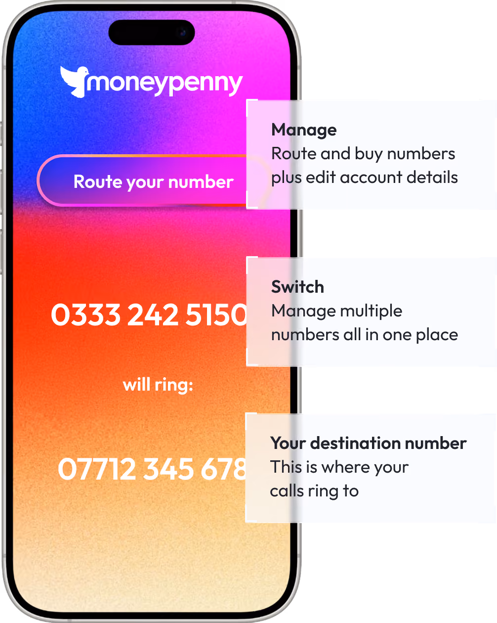 Smartphone screen displaying Moneypenny app with gradient background and a 'Route your number' button, showing a business number 0333 242 5150 that will ring destination number 07712 345 678, with labels explaining 'Manage' for routing and buying numbers plus editing account details, 'Switch' for managing multiple numbers in one place, and 'Your destination number' indicating where calls ring to.
