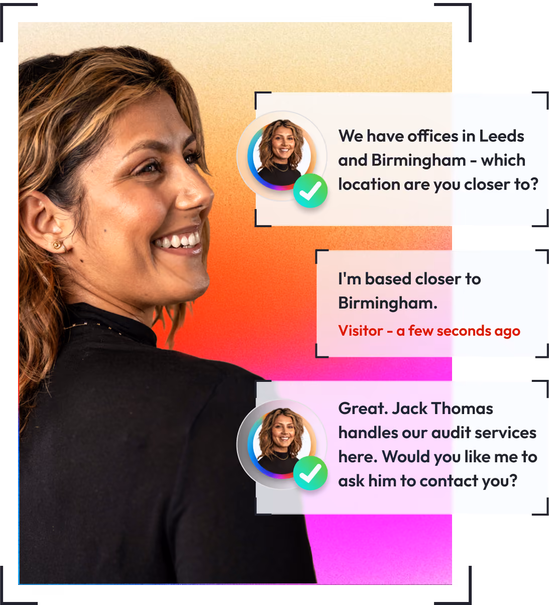 Smiling woman with wavy light brown hair and black top looking to the right, next to chat bubbles discussing office locations in Leeds and Birmingham and audit services contact by Jack Thomas.