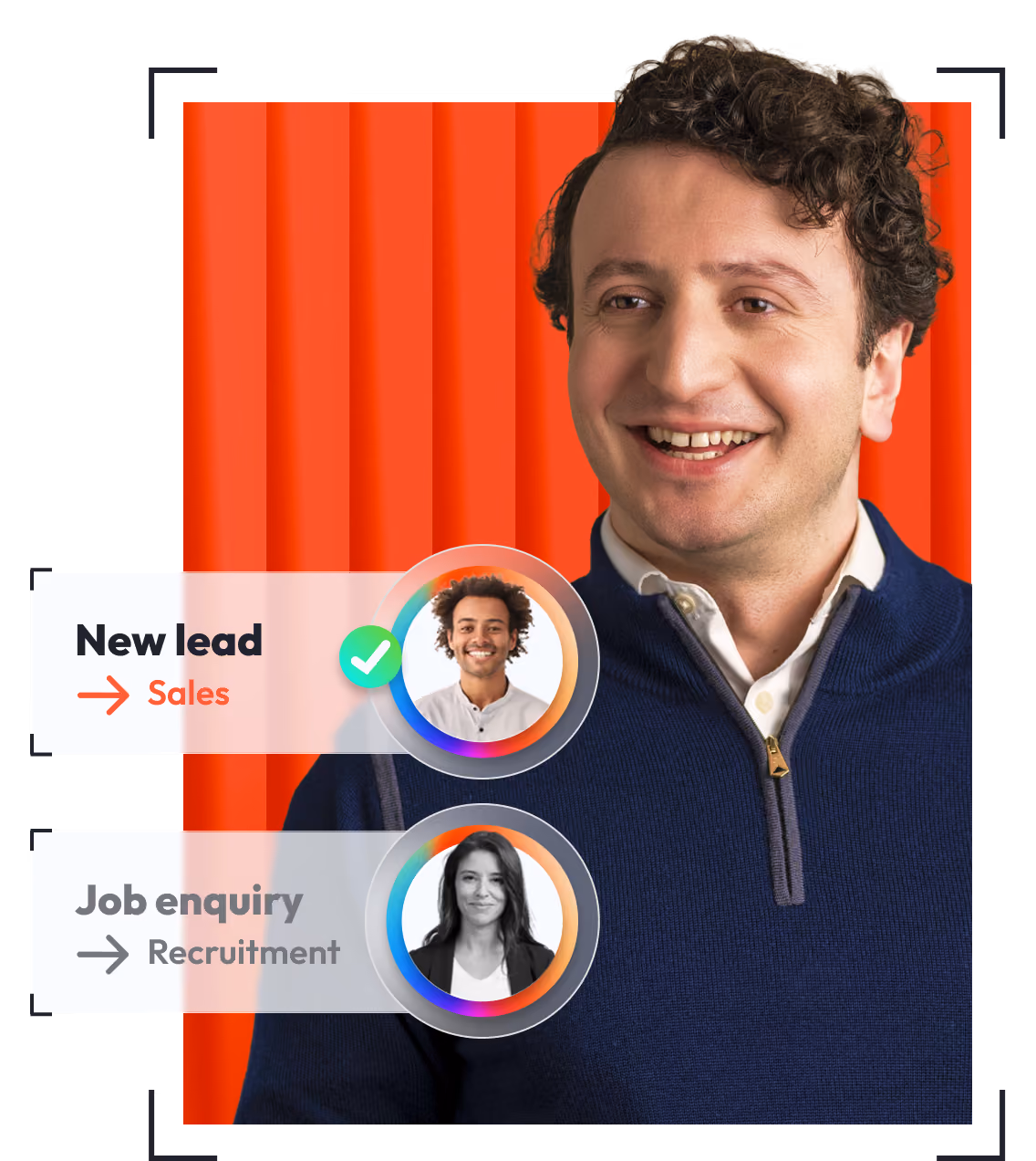 Smiling man in a navy blue zip-up sweater against a red background with overlay icons showing a new lead to Sales with a smiling man's photo and a job enquiry to Recruitment with a woman's photo.