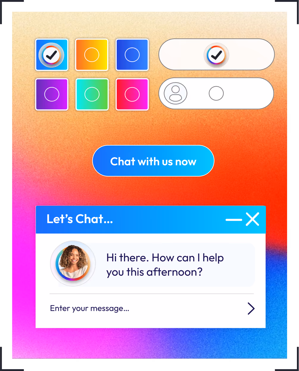 Chat interface with color theme selection squares, toggle buttons, a blue 'Chat with us now' button, and an open chat window showing a woman’s profile picture and the message, 'Hi there. How can I help you this afternoon?' with a text entry field below.