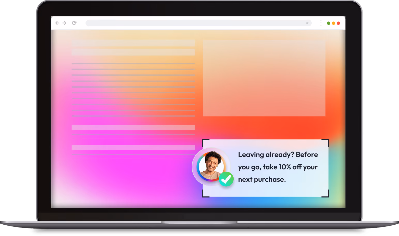 Laptop screen showing a colourful website with a live chat pop-up in the bottom right corner featuring a smiling person’s photo and message offering 10% off the next purchase for users leaving the site.
