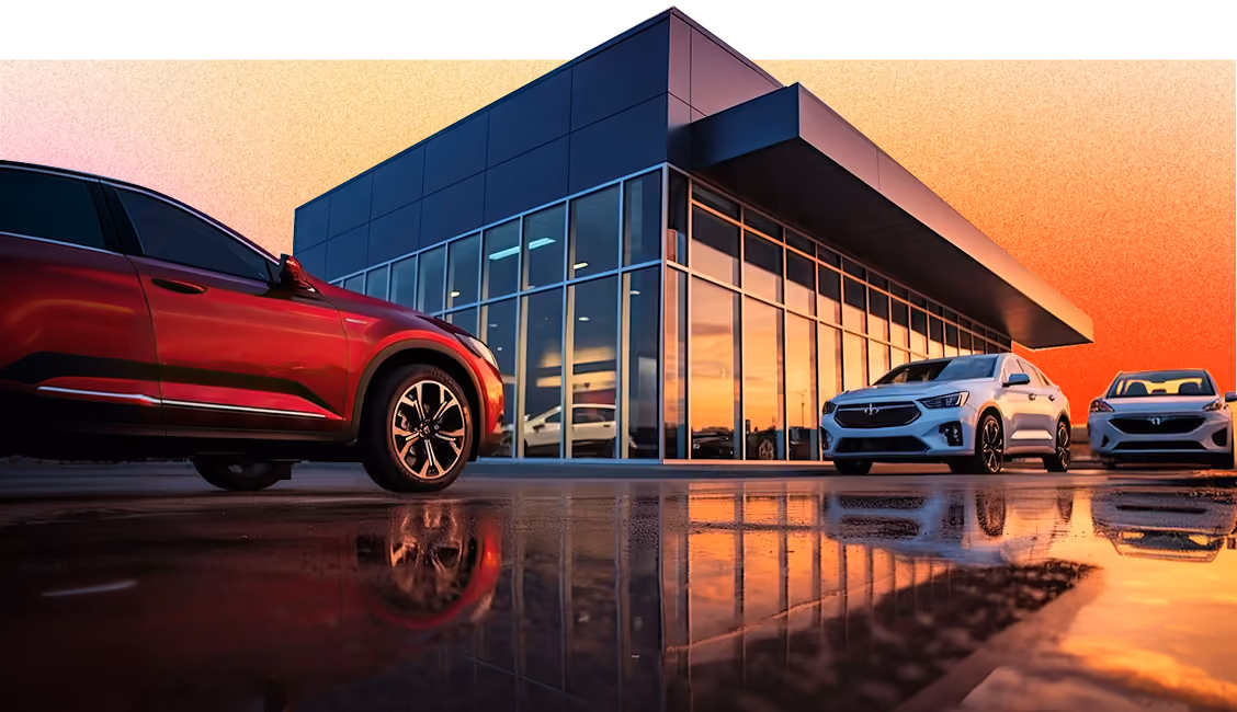 Three modern cars parked outside a sleek glass and steel building at sunset, reflected on the wet ground.