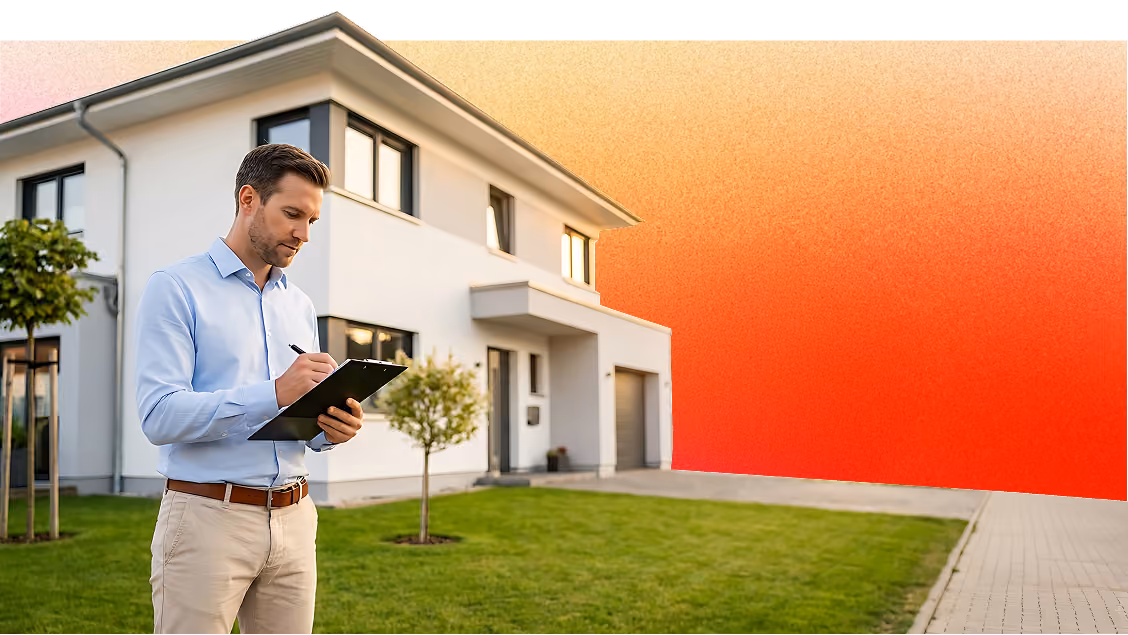 Man in a light blue shirt and beige trousers holding a clipboard and writing outside a modern white two-story house with a green lawn and small trees, against a gradient orange sky background.