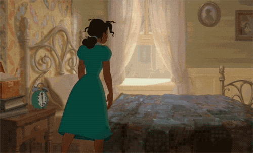 Animation of a woman in a green dress opening a window curtain in a vintage bedroom, letting sunlight in over a made bed with a patchwork quilt.