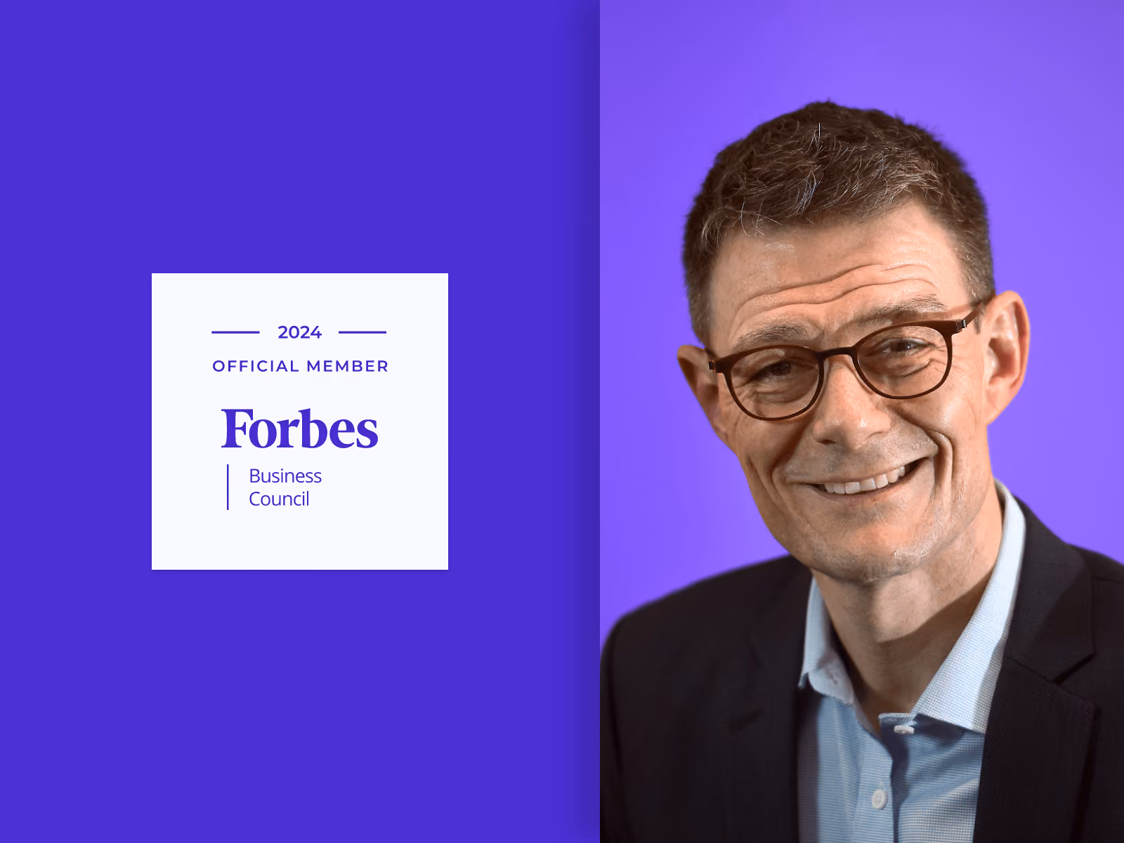 Smiling man with glasses wearing a suit on purple background beside Forbes Business Council 2024 membership badge.