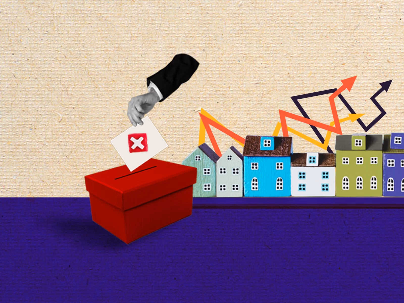 Hand placing ballot with red X into box near colorful houses and upward trending arrows.