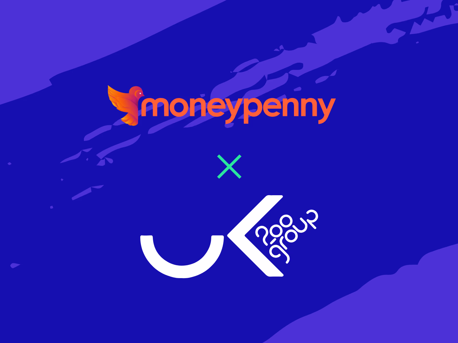 Logos of Moneypenny and UK200 Group on a dark blue background with a green X between them.