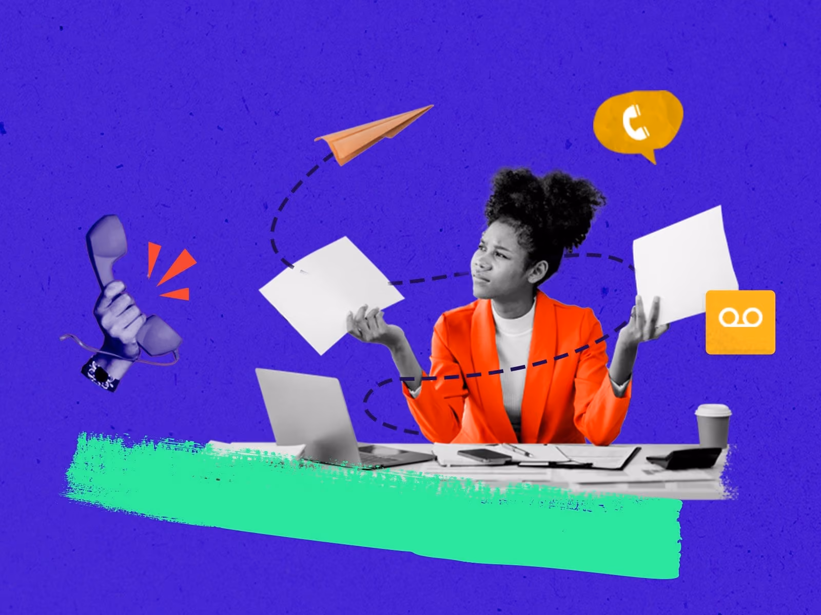Woman in orange jacket at cluttered desk looking confused with papers, phone, and icons around her.