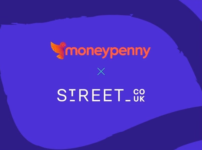 moneypenny logo with orange bird above and STREET co UK text on purple abstract background.