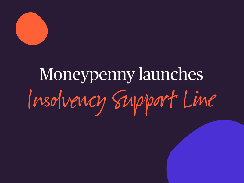 Text saying 'Moneypenny launches Insolvency Support Line' on a dark background with red and purple shapes.
